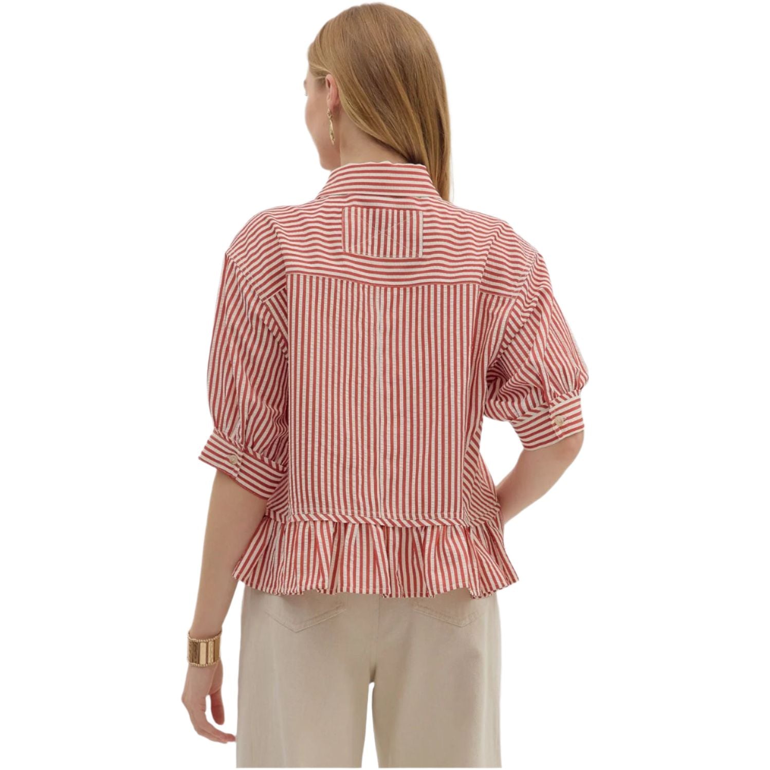 Women's Entro Stripe Patterned Ruffle Blouse T27230 - Crazy House Western Wear