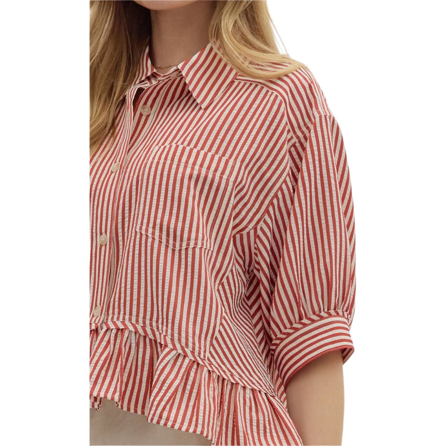 Women's Entro Stripe Patterned Ruffle Blouse T27230 - Crazy House Western Wear