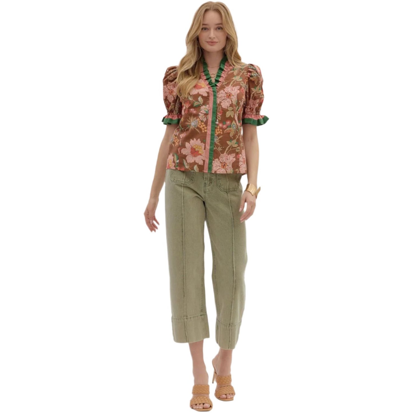 Women's Entro Floral Print Shoulder Puff Sleeve Blouse T27949 - Crazy House Western Wear