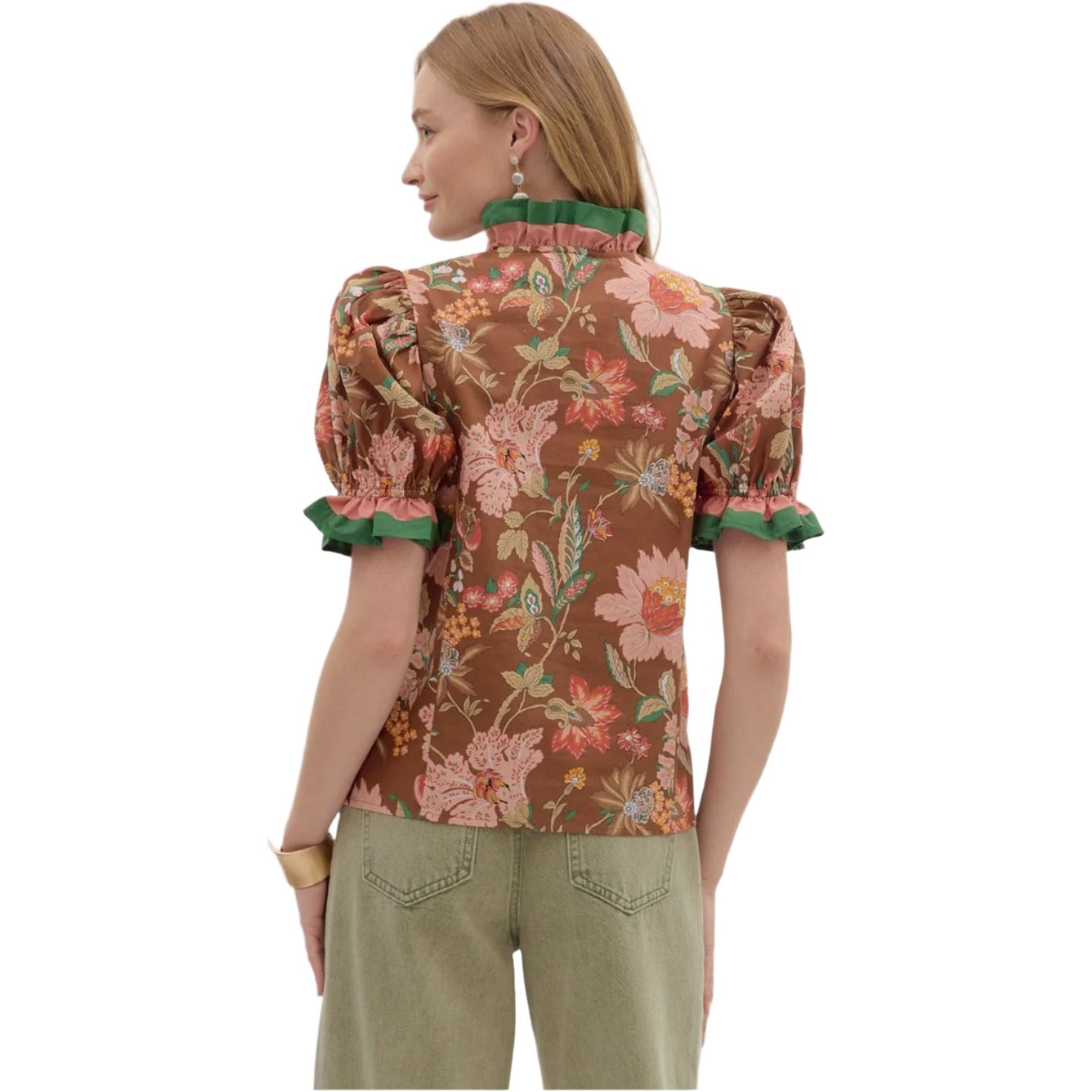 Women's Entro Floral Print Shoulder Puff Sleeve Blouse T27949 - Crazy House Western Wear