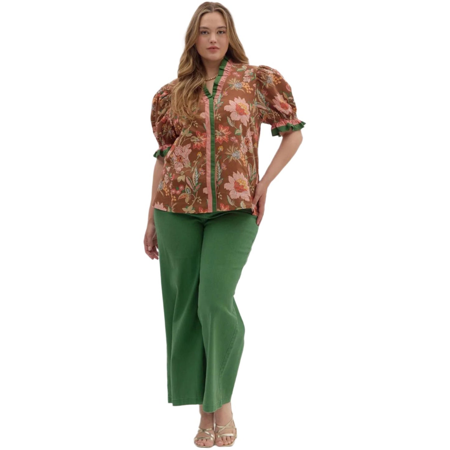 Women's Entro Floral Print Shoulder Puff Sleeve Top T27949P - Crazy House Western Wear