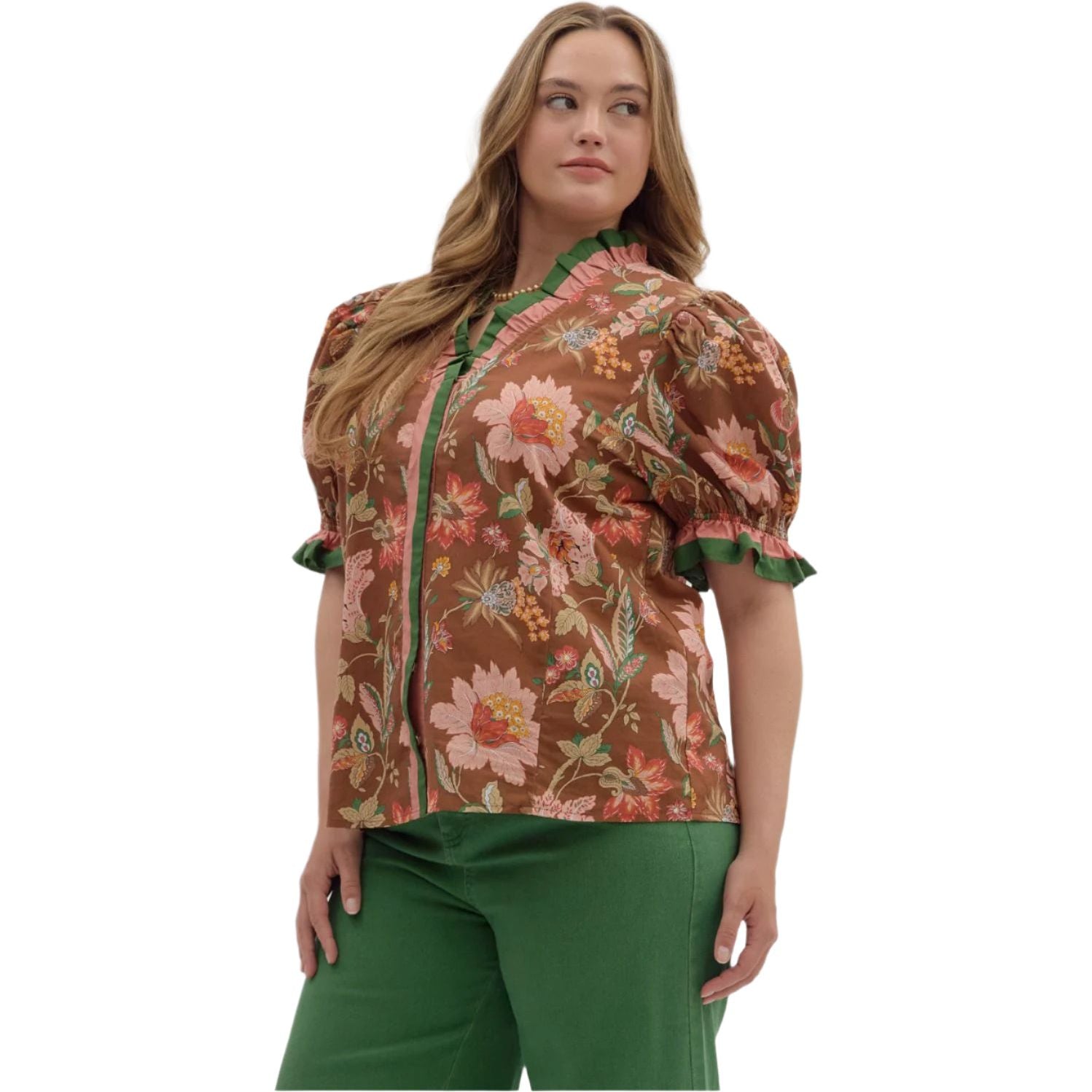 Women's Entro Floral Print Shoulder Puff Sleeve Top T27949P - Crazy House Western Wear