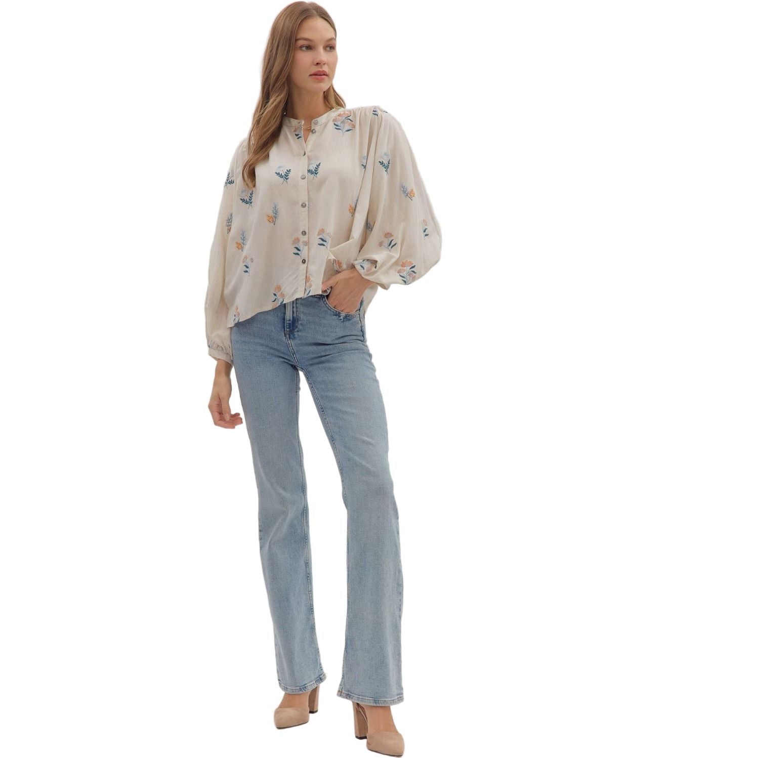 Women's Entro Floral Embroidery Long Sleeve Blouse T28040