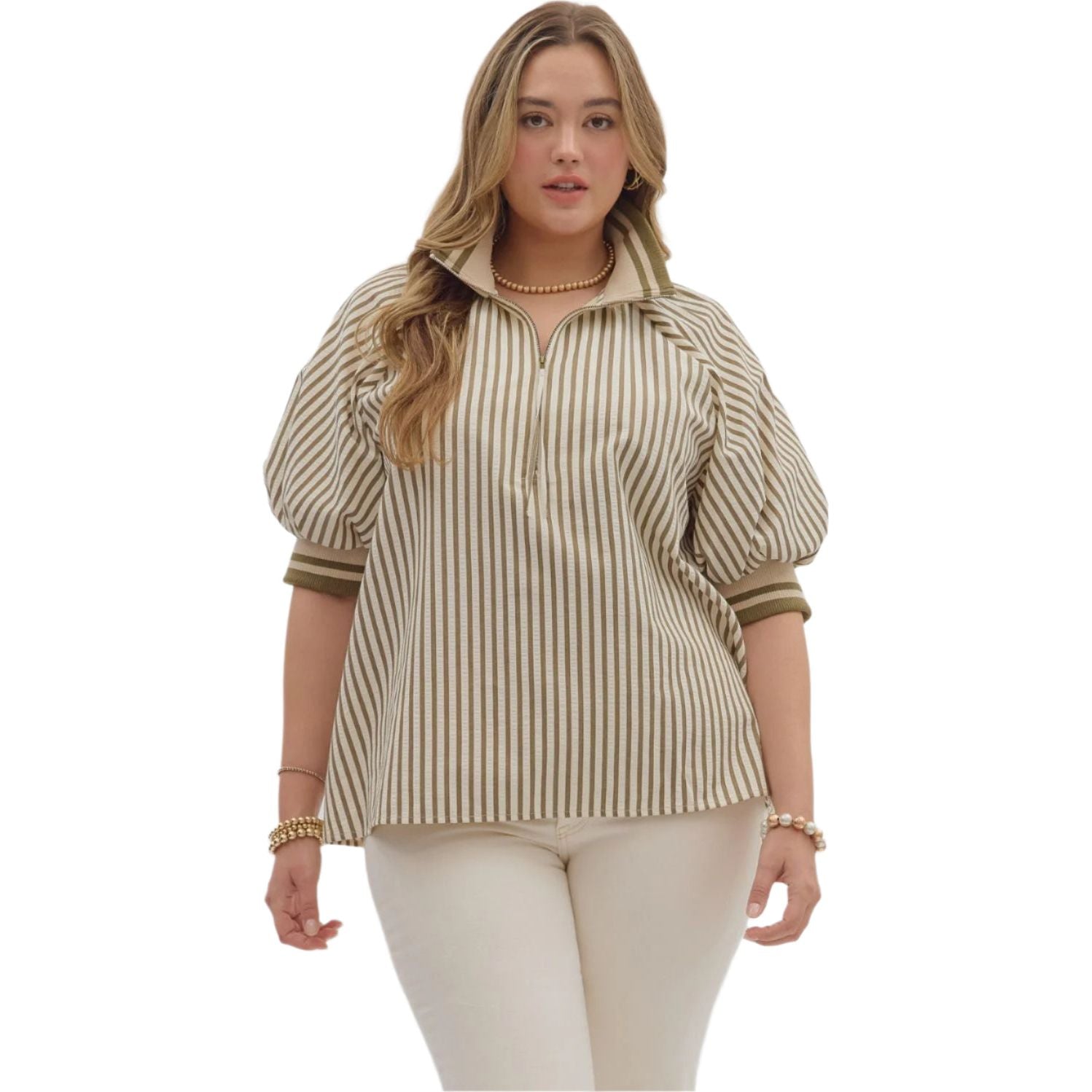 Women's Entro Stripe Patterned Half-Zip Short Puff Sleeve Top T28130P - Crazy House Western Wear