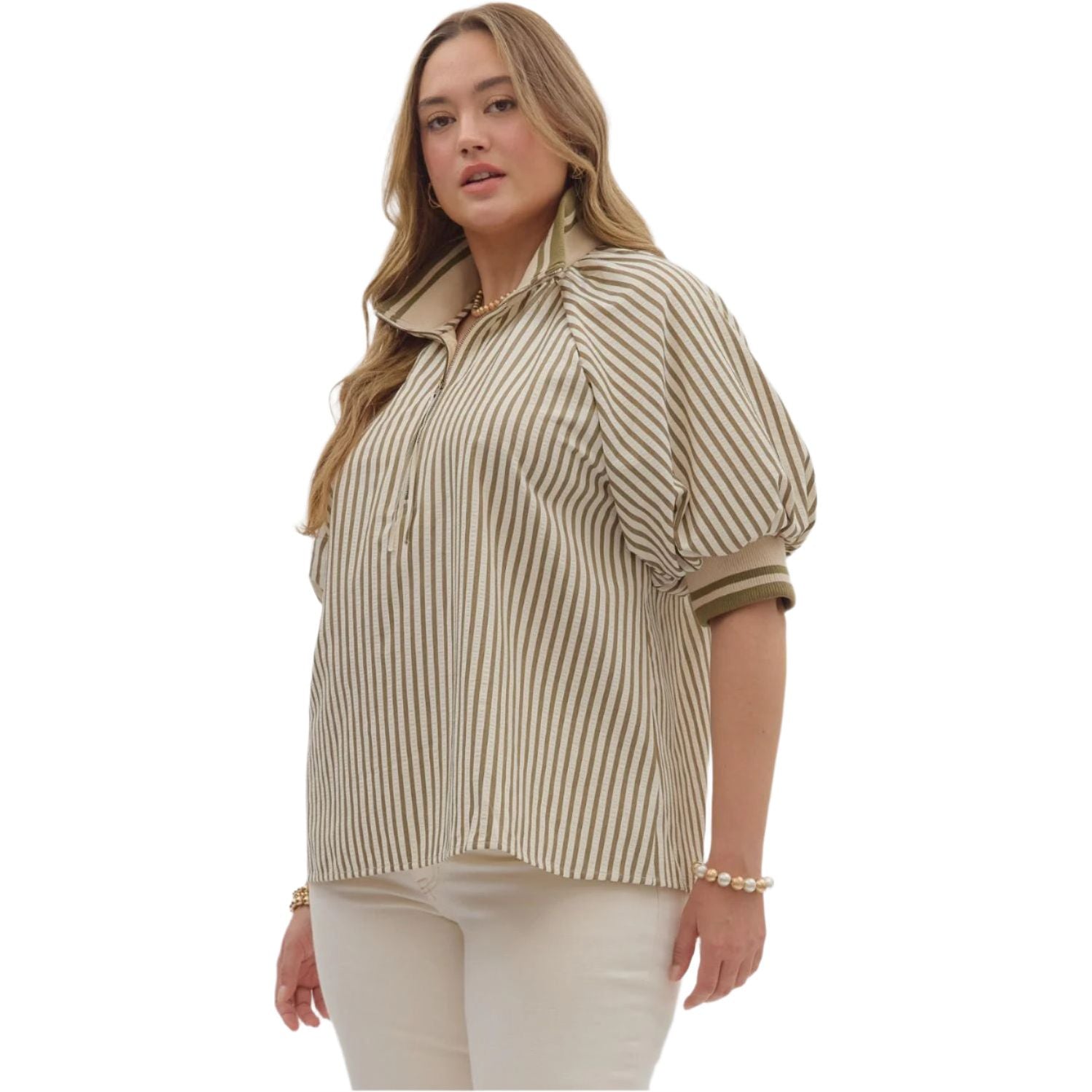 Women's Entro Stripe Patterned Half-Zip Short Puff Sleeve Top T28130P - Crazy House Western Wear