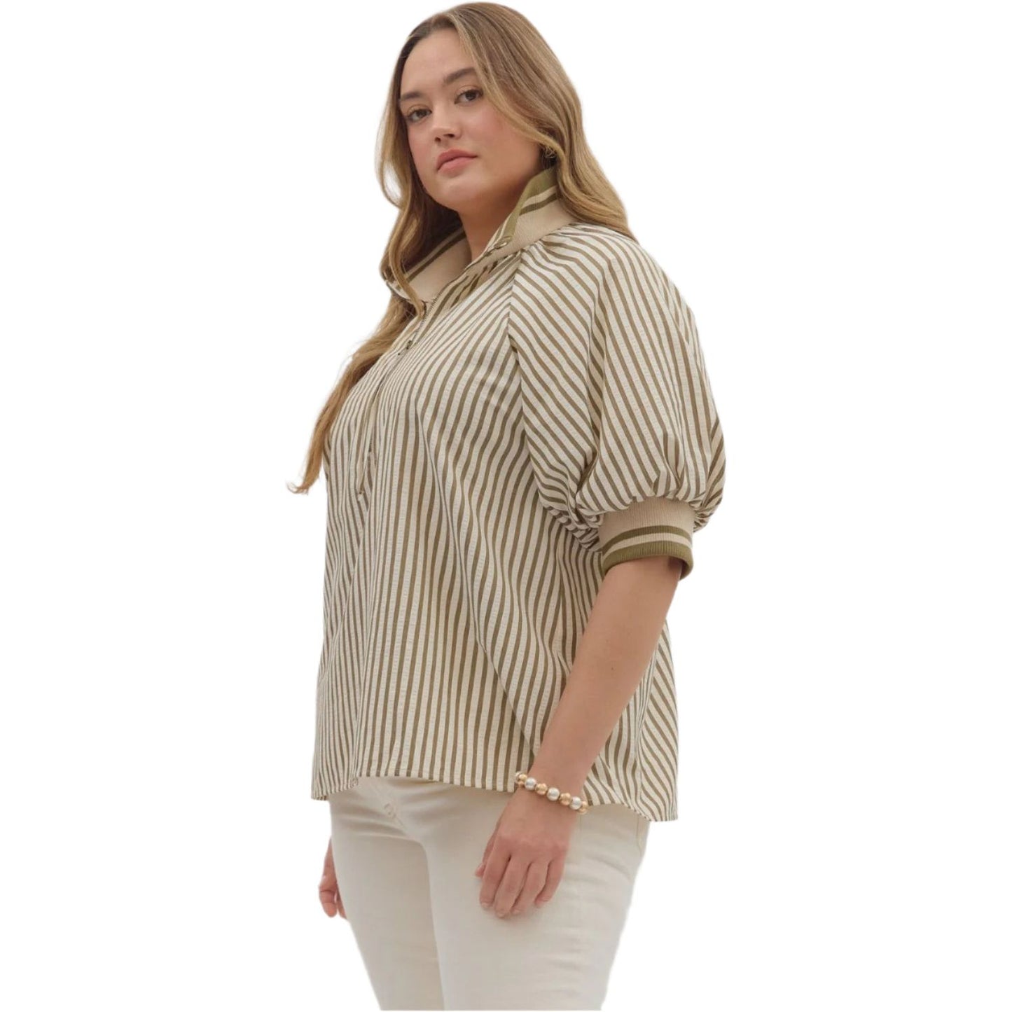 Women's Entro Stripe Patterned Half-Zip Short Puff Sleeve Top T28130P - Crazy House Western Wear