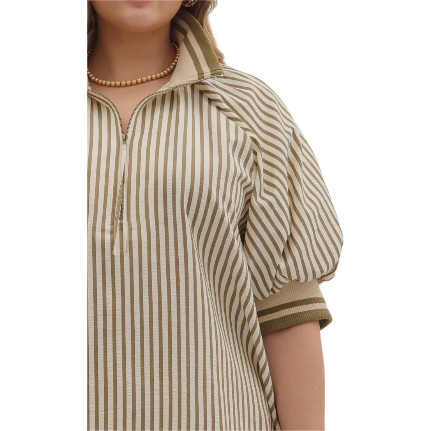 Women's Entro Stripe Patterned Half-Zip Short Puff Sleeve Top T28130P - Crazy House Western Wear