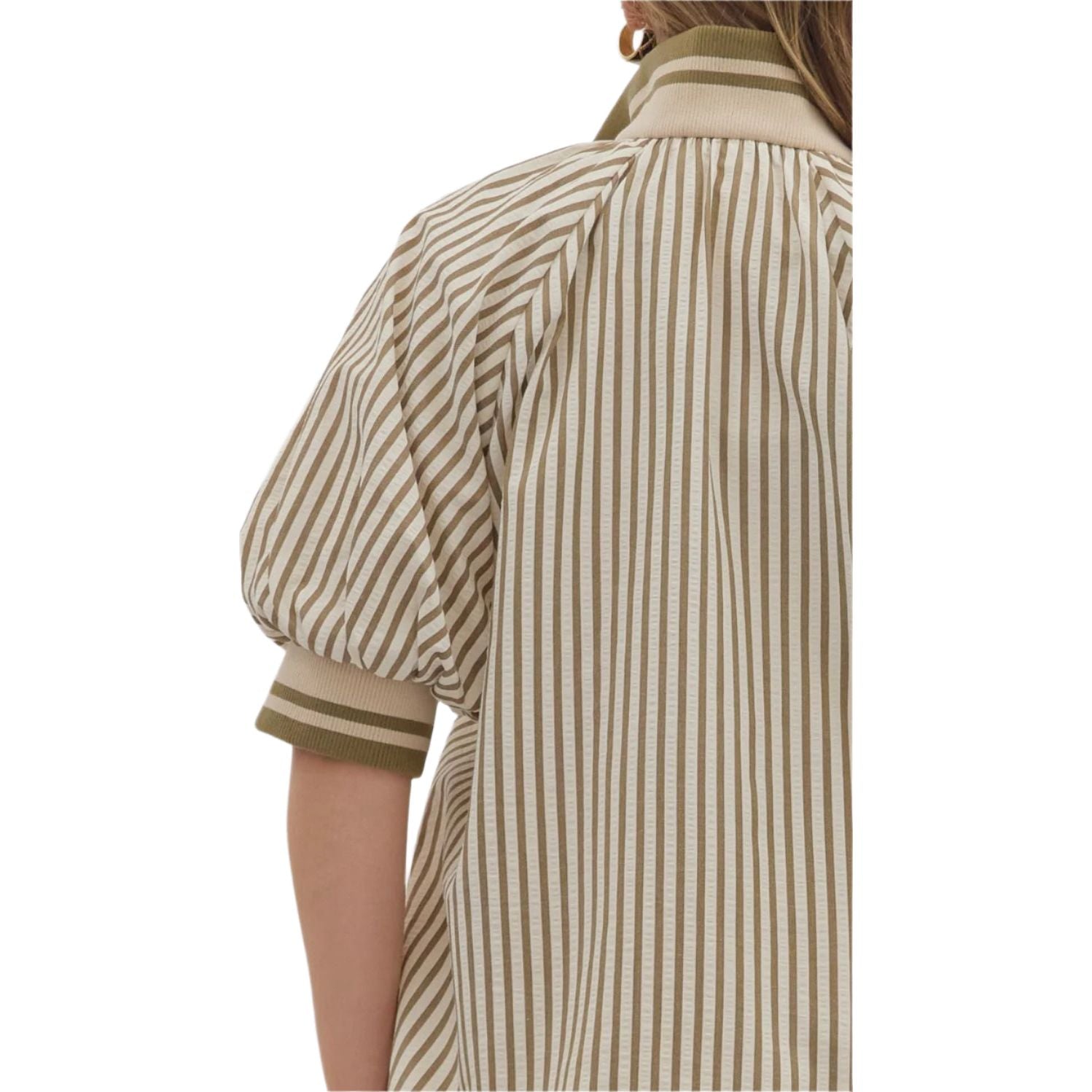 Women's Entro Stripe Patterned Half-Zip Short Puff Sleeve Top T28130P - Crazy House Western Wear