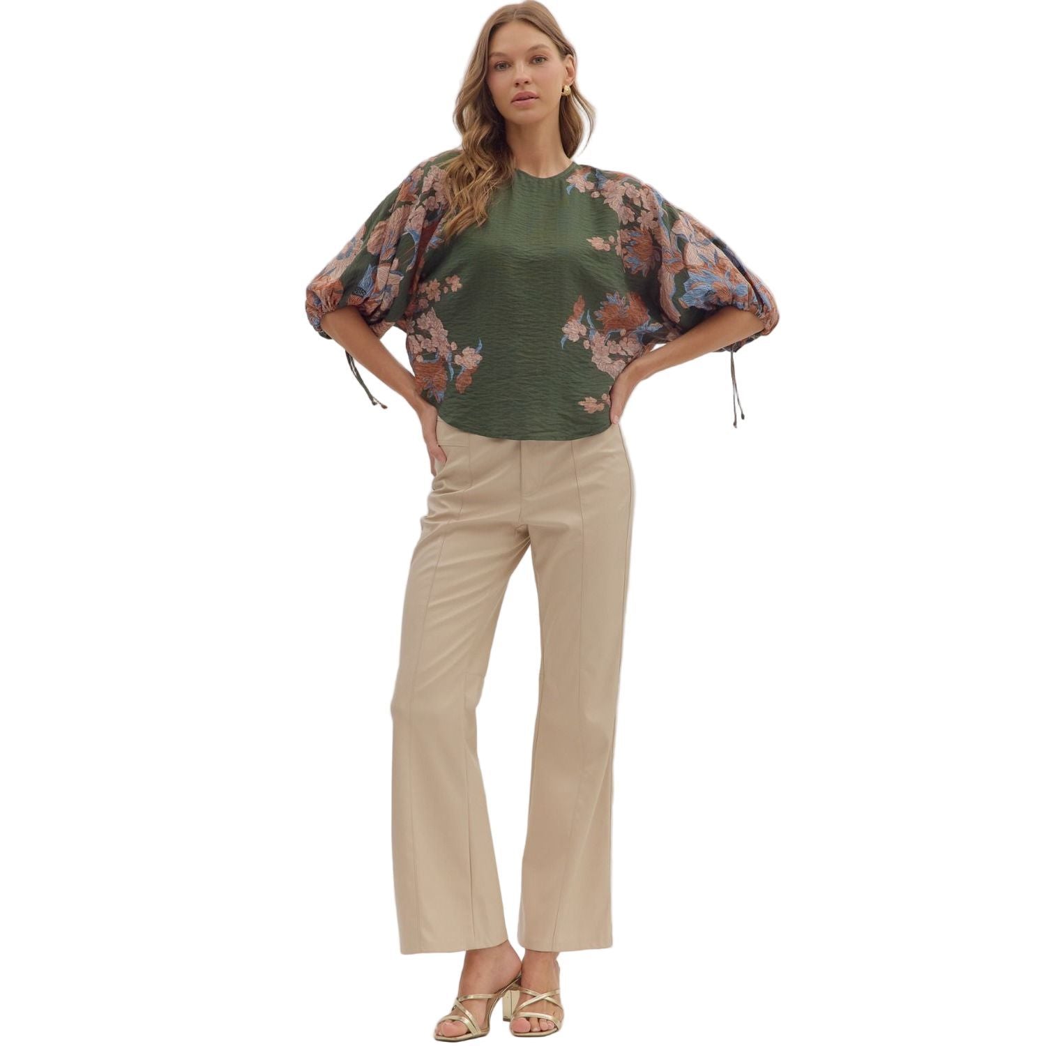 Women's Entro Olive Green 3/4 Puff Sleeve Blouse T28544