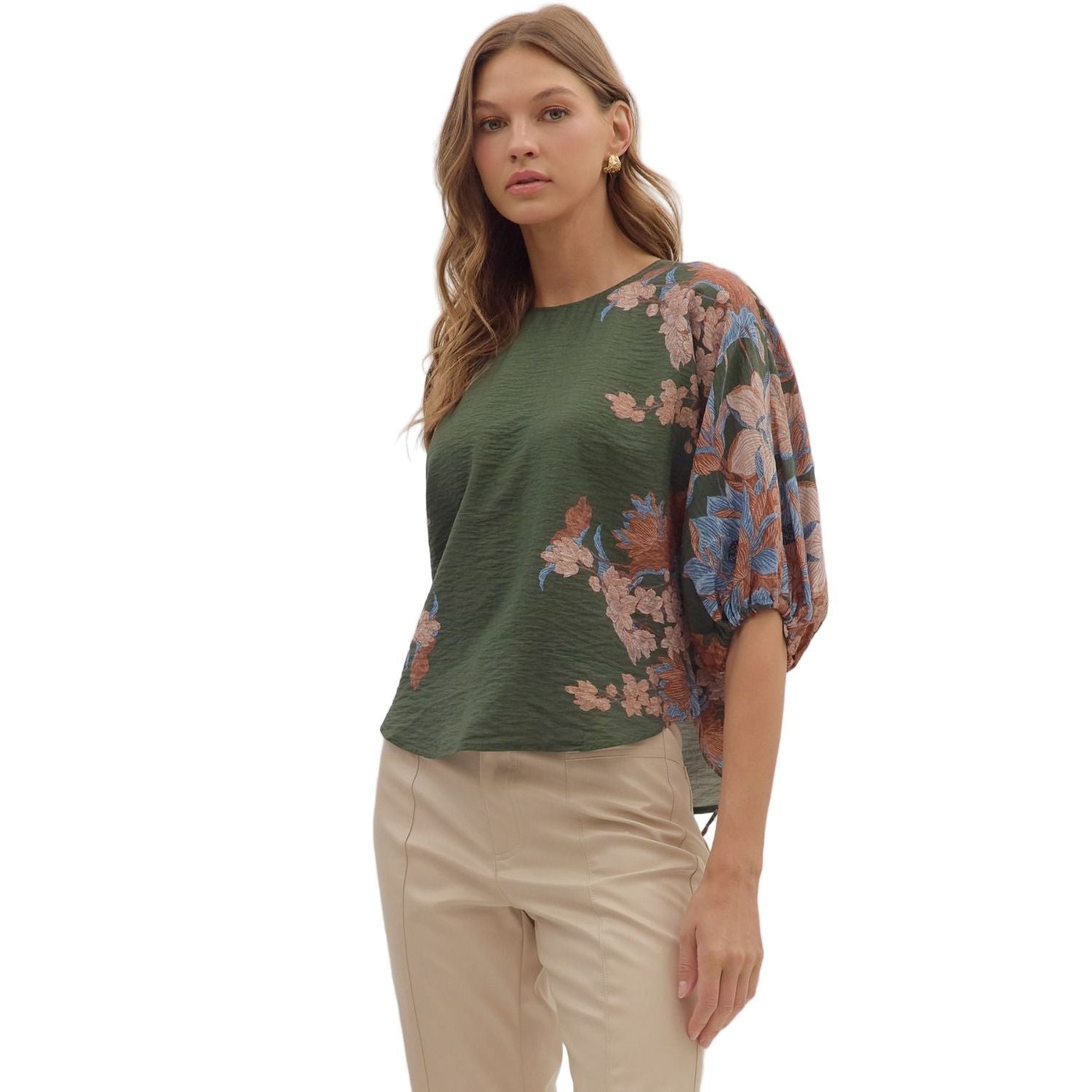 Women's Entro Olive Green 3/4 Puff Sleeve Blouse T28544