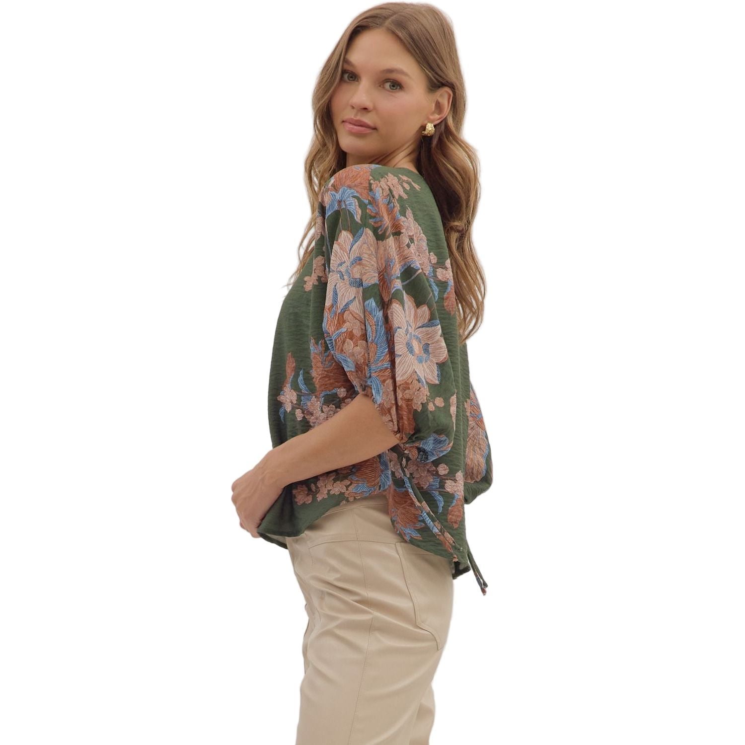 Women's Entro Olive Green 3/4 Puff Sleeve Blouse T28544