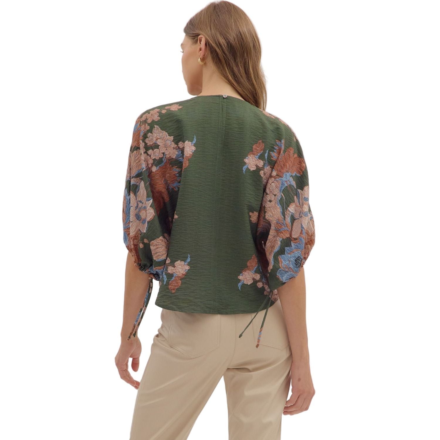 Women's Entro Olive Green 3/4 Puff Sleeve Blouse T28544