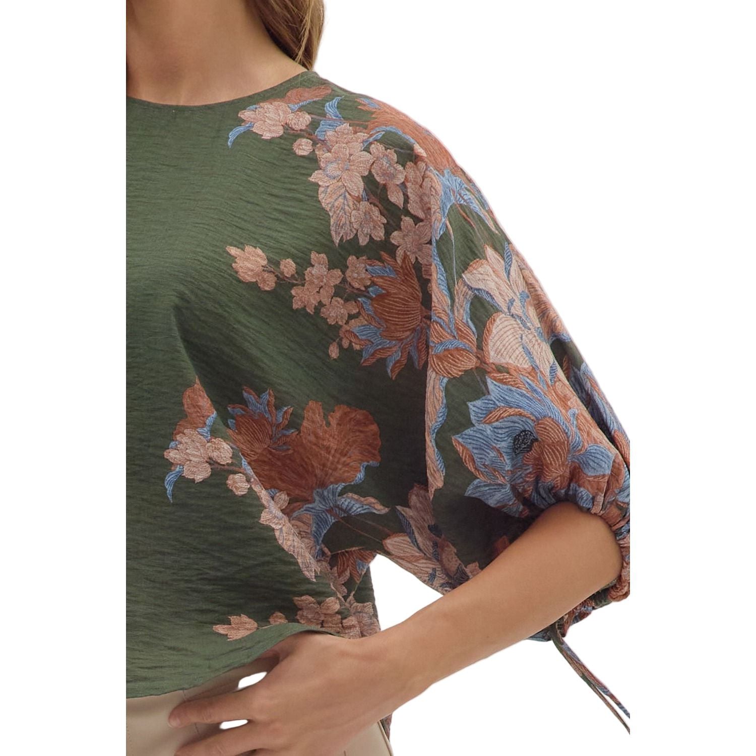 Women's Entro Olive Green 3/4 Puff Sleeve Blouse T28544