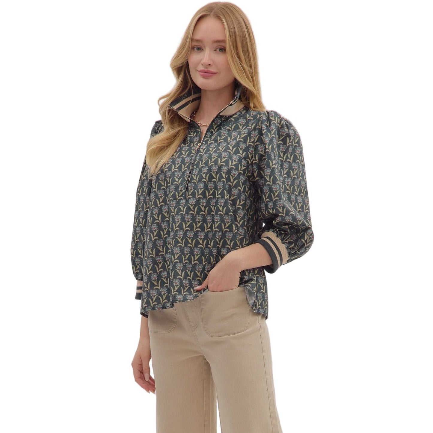 Women's Entro Floral Print 3/4 Puff Sleeve Top