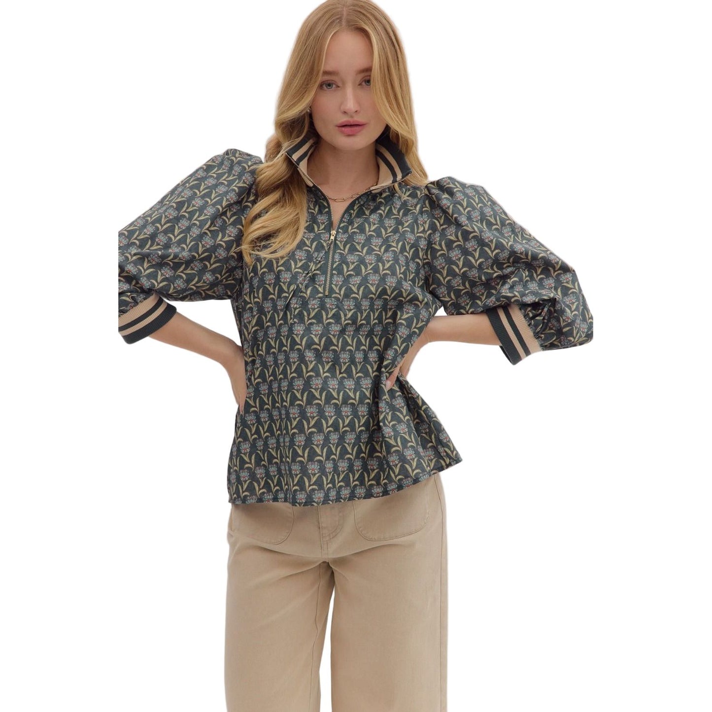 Women's Entro Floral Print 3/4 Puff Sleeve Top