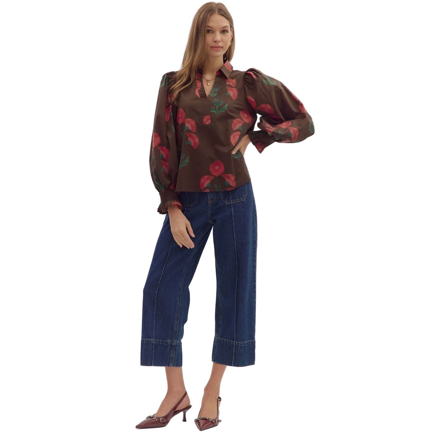 Women's Entro Brown Floral Print Long Puff Sleeve Top T28839