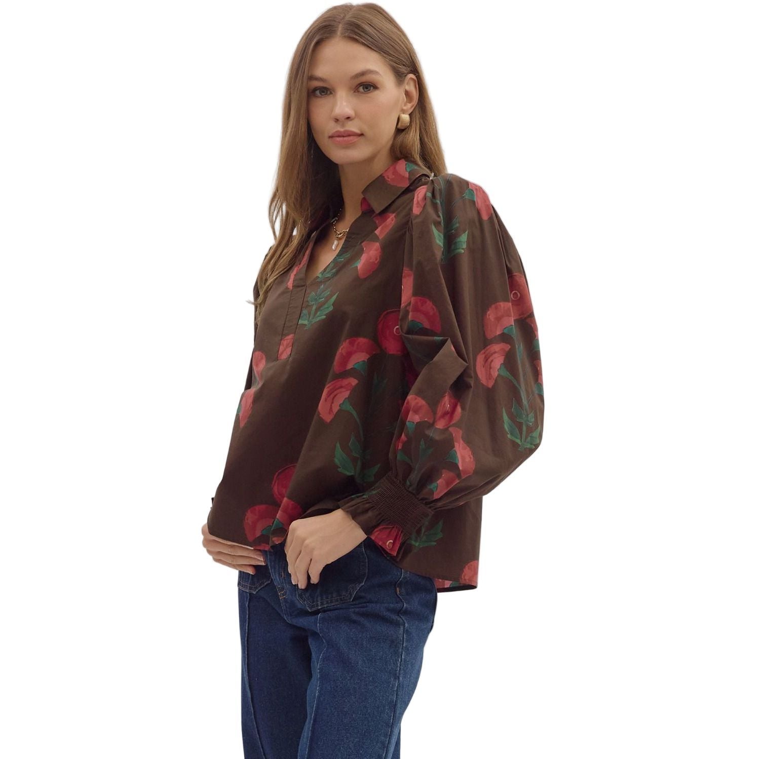 Women's Entro Brown Floral Print Long Puff Sleeve Top T28839