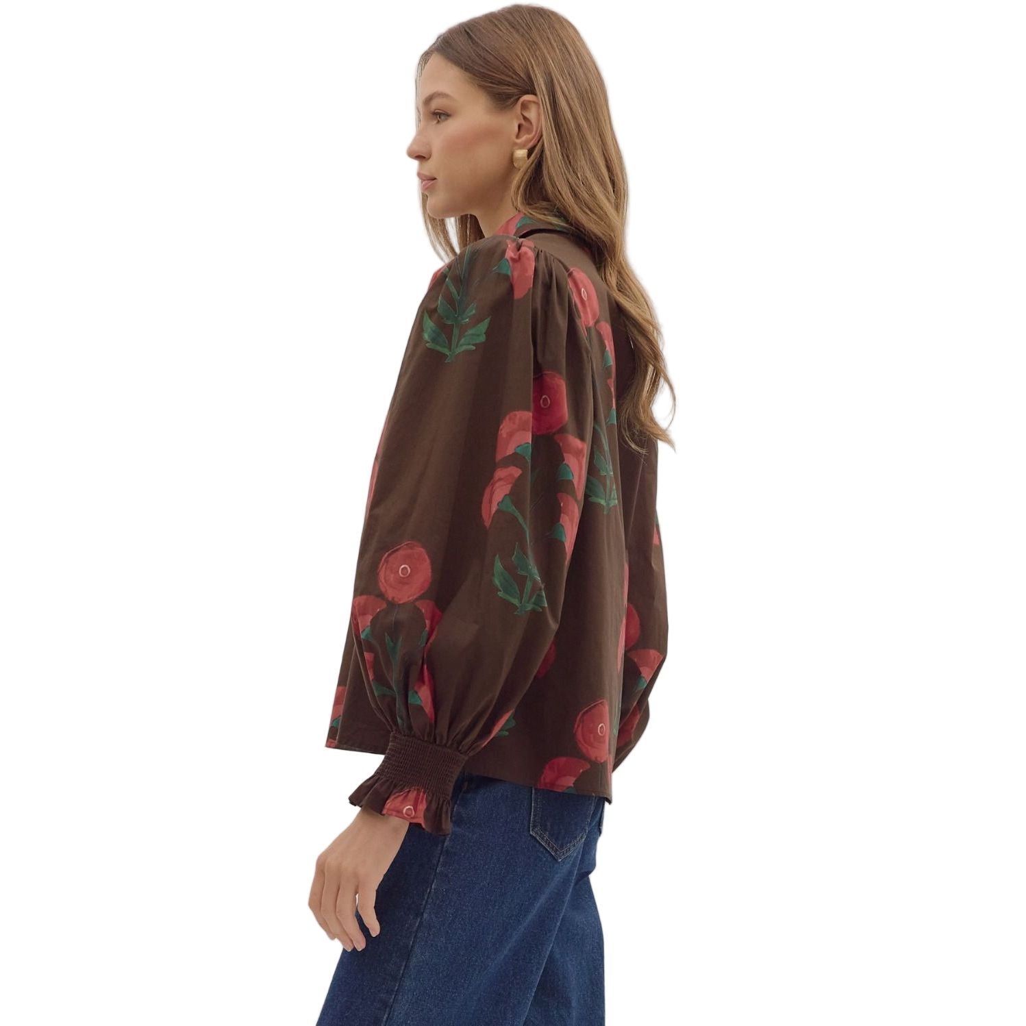 Women's Entro Brown Floral Print Long Puff Sleeve Top T28839