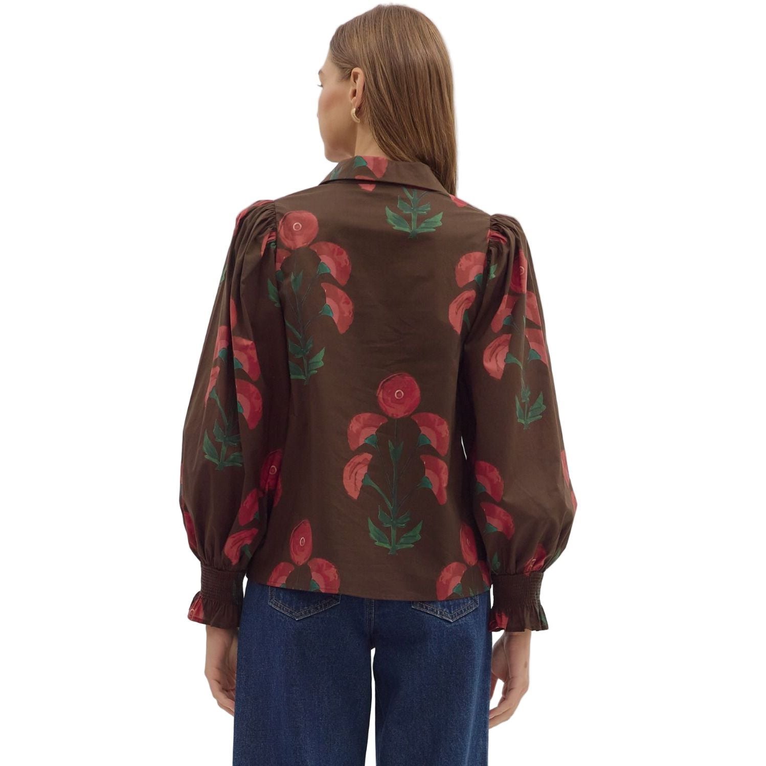 Women's Entro Brown Floral Print Long Puff Sleeve Top T28839