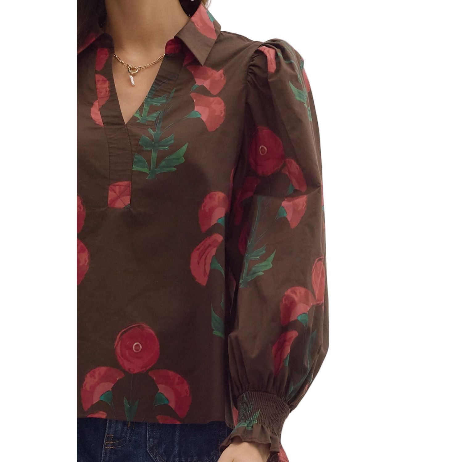 Women's Entro Brown Floral Print Long Puff Sleeve Top T28839