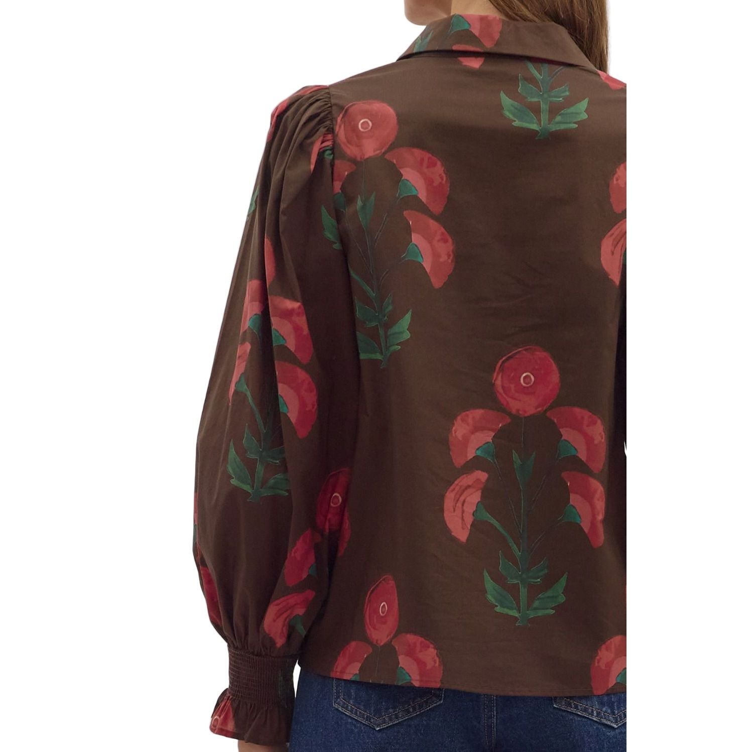 Women's Entro Brown Floral Print Long Puff Sleeve Top T28839