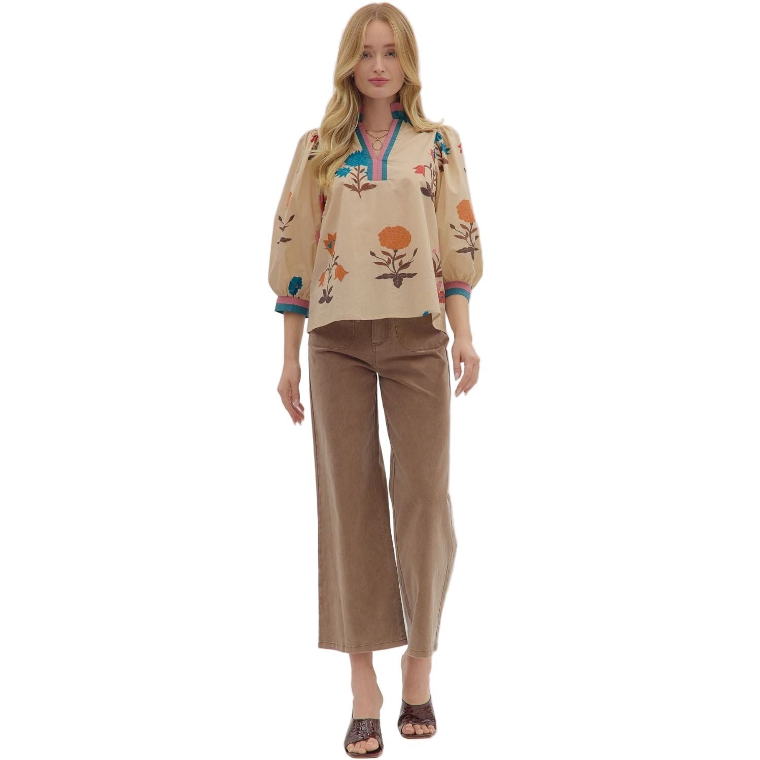 Women's Entro Floral Print 3/4 Puff Sleeve Blouse