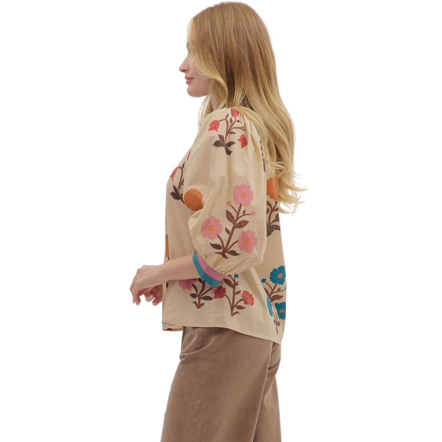 Women's Entro Floral Print 3/4 Puff Sleeve Blouse