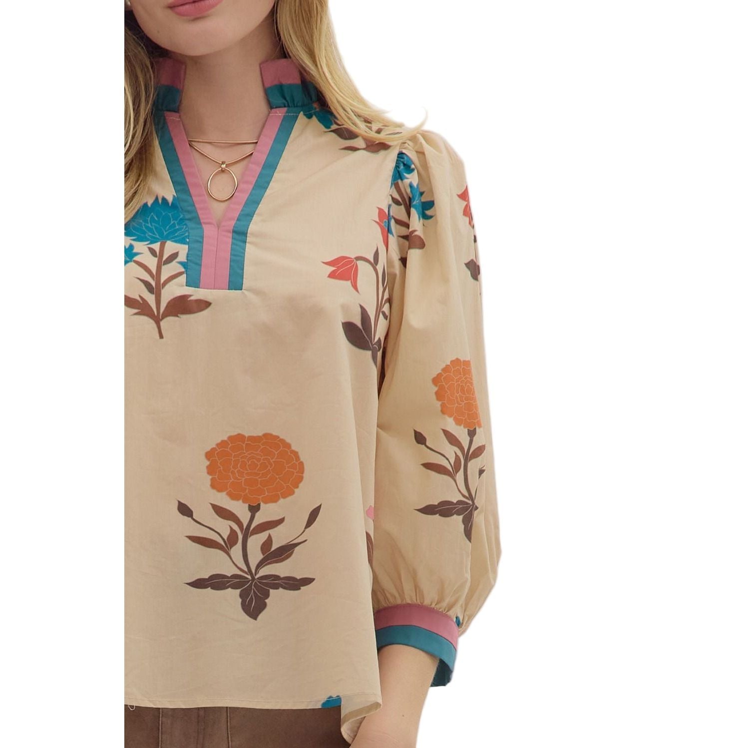 Women's Entro Floral Print 3/4 Puff Sleeve Blouse