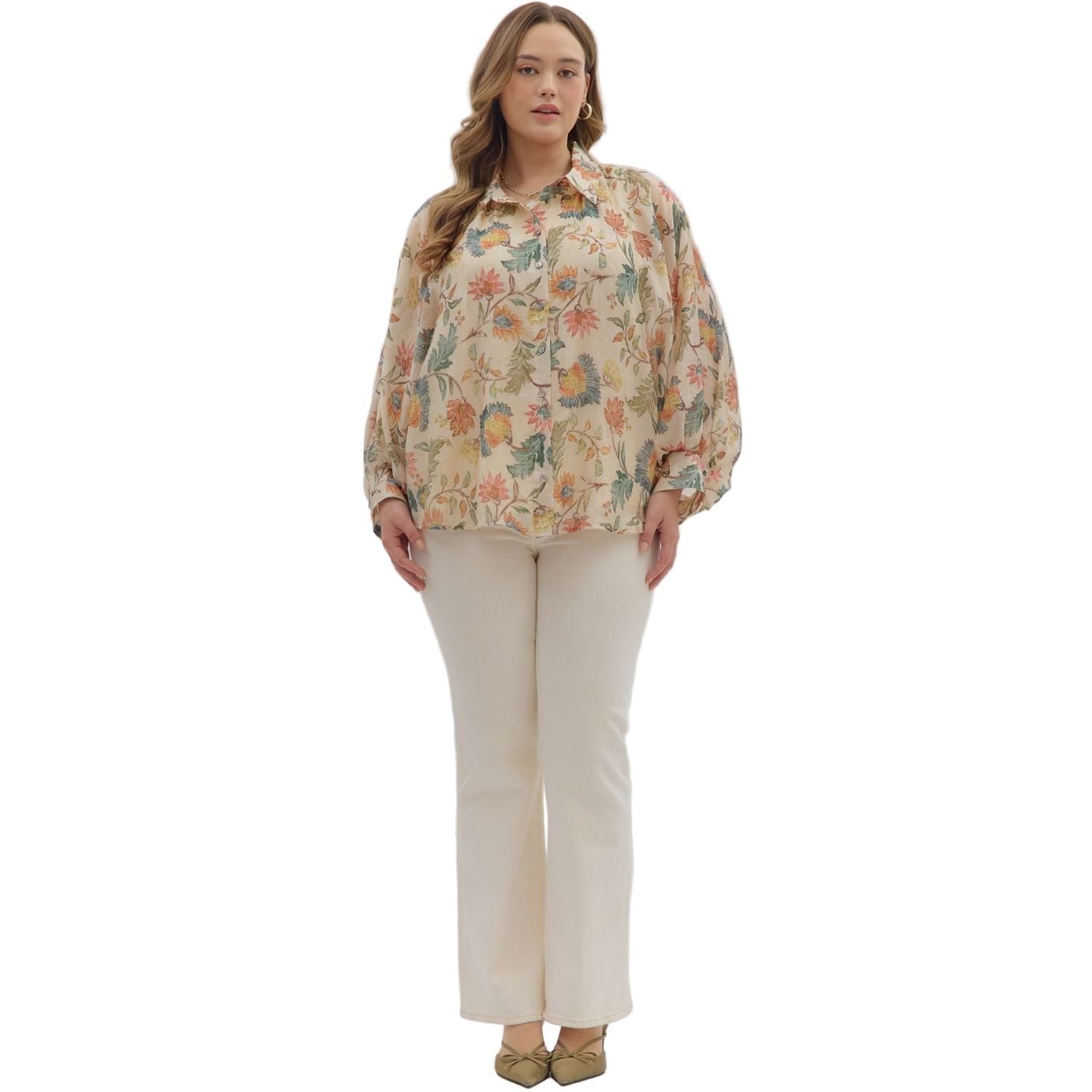 Women's Entro Floral Print Long Sleeve Button Down