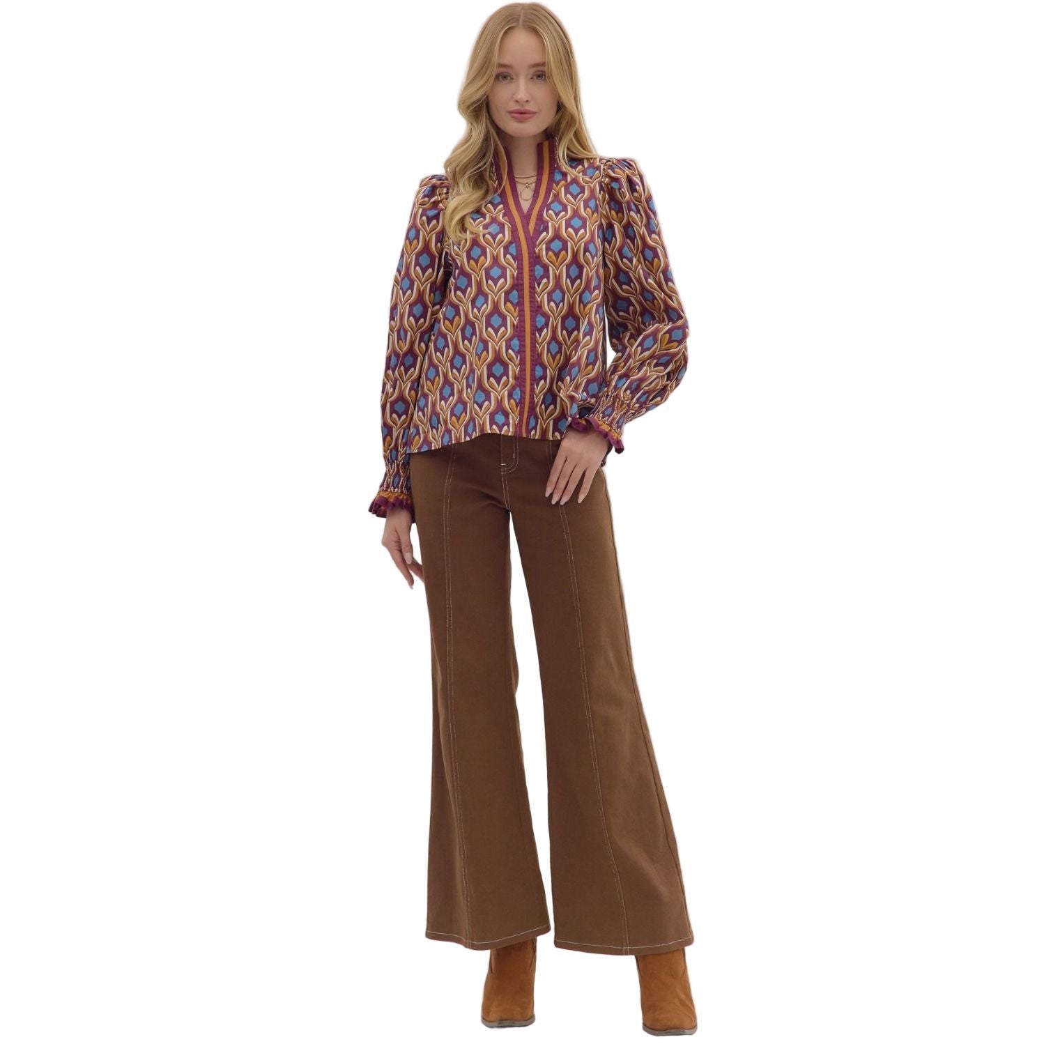 Women's Entro Geometric Print Long Sleeve Blouse