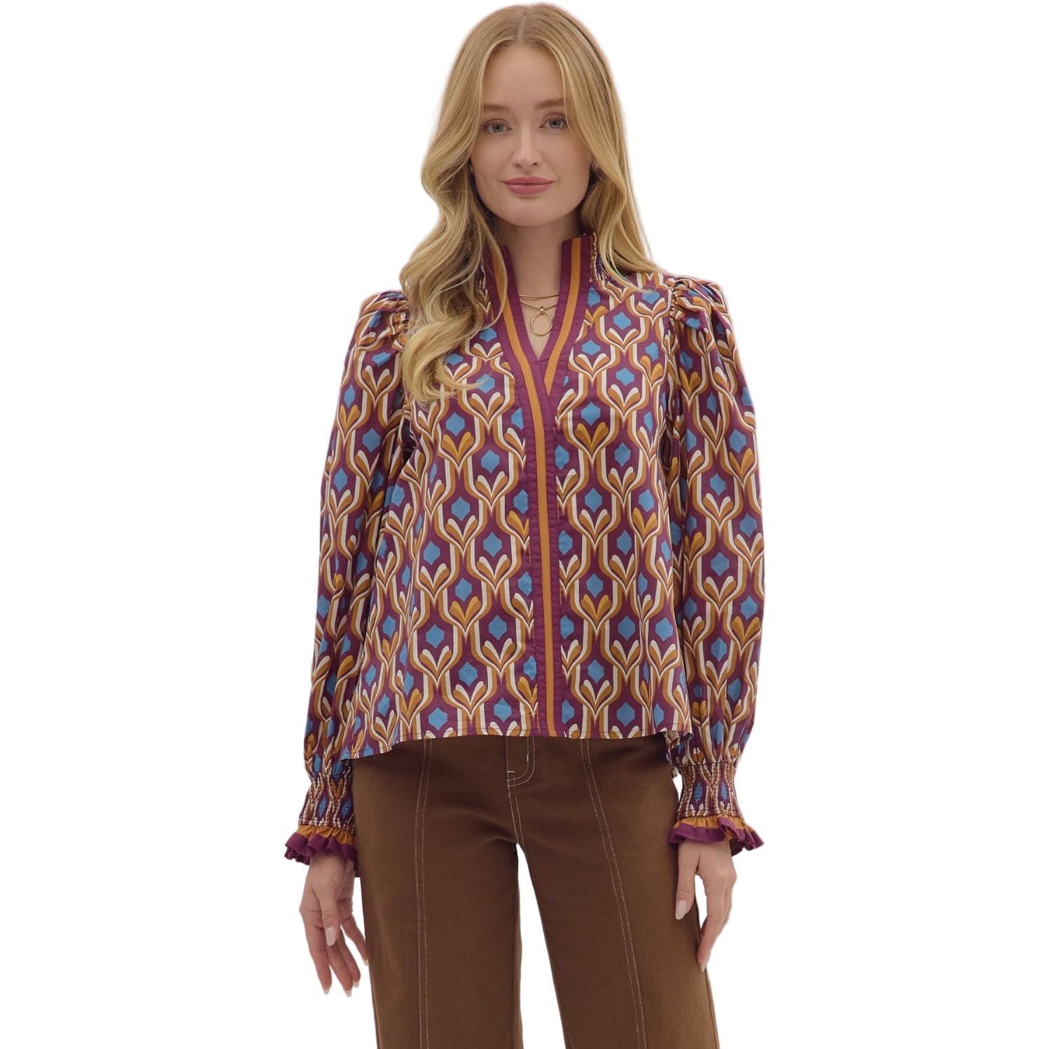 Women's Entro Geometric Print Long Sleeve Blouse