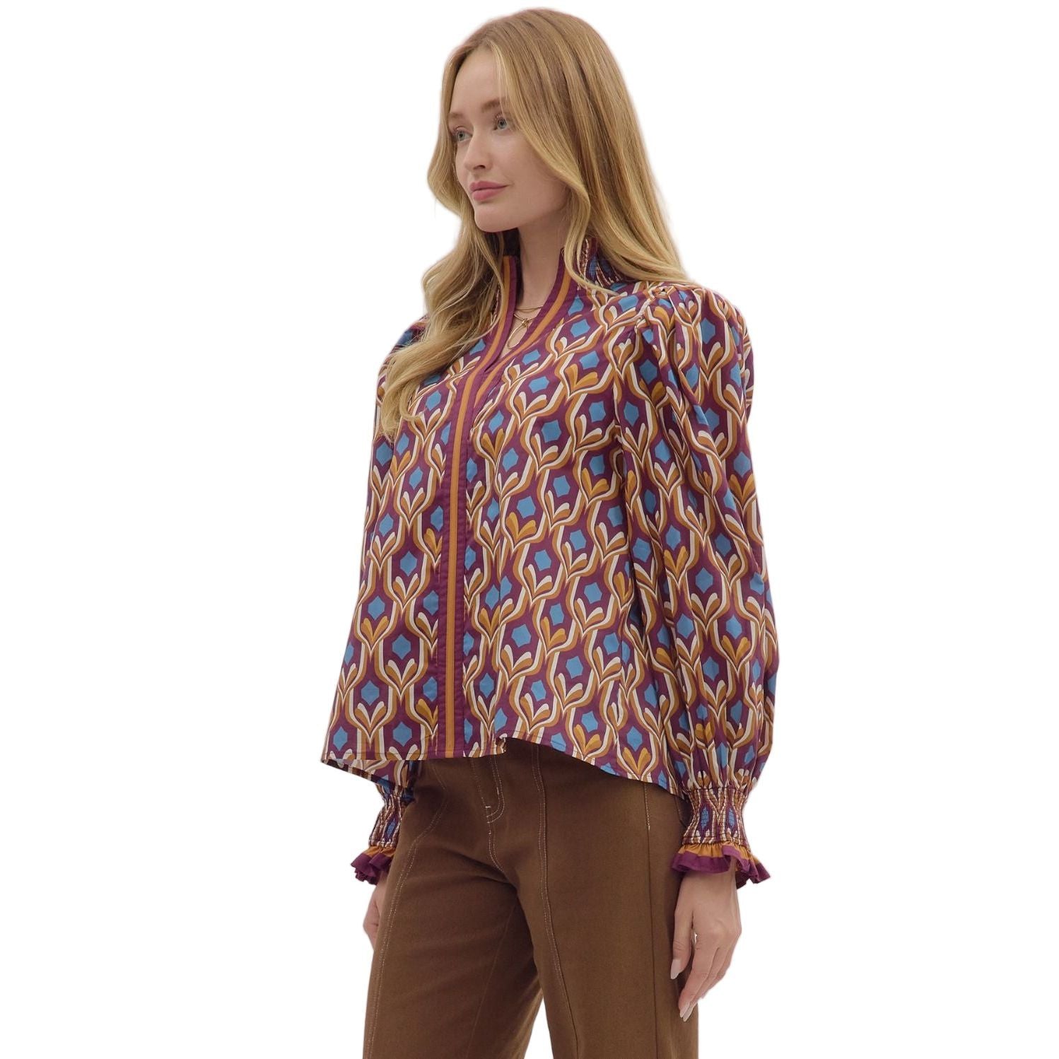 Women's Entro Geometric Print Long Sleeve Blouse