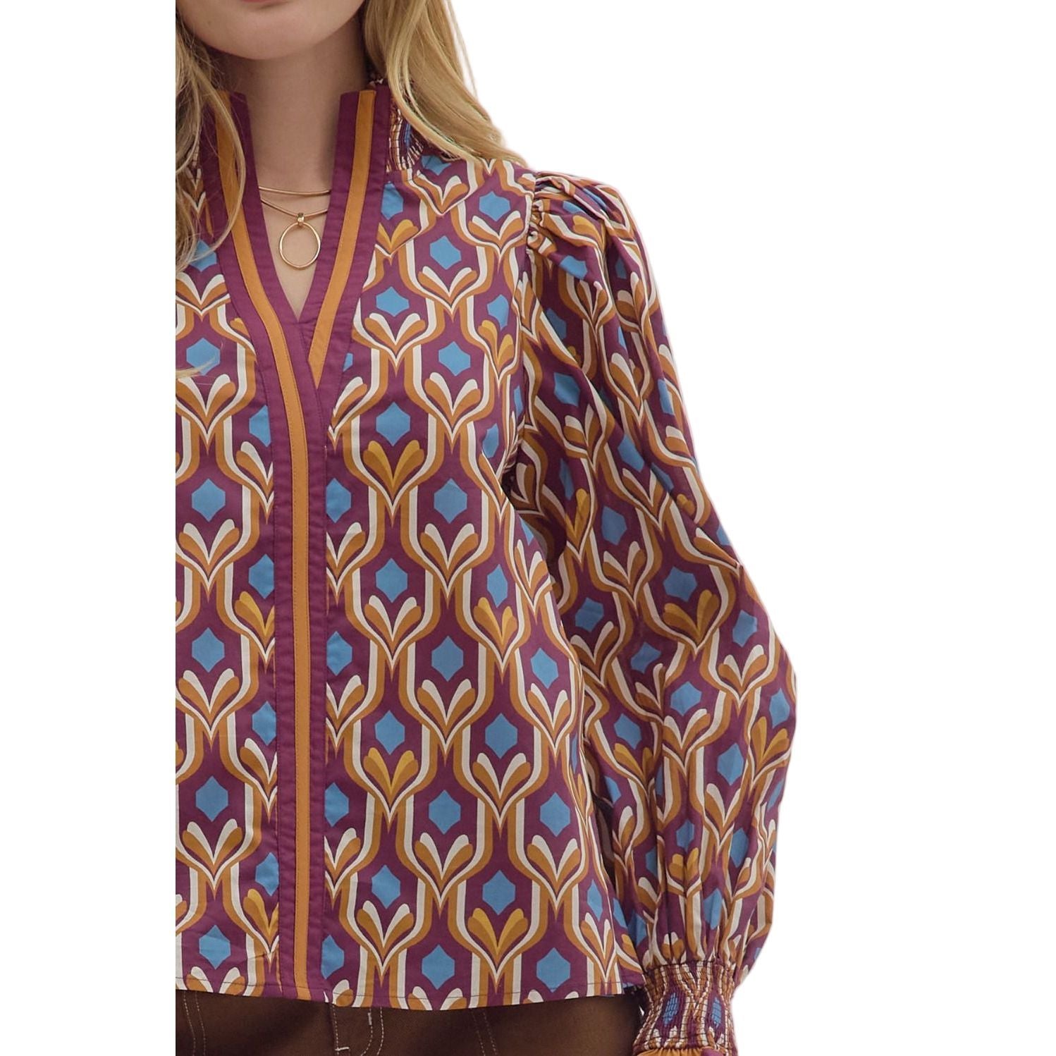 Women's Entro Geometric Print Long Sleeve Blouse