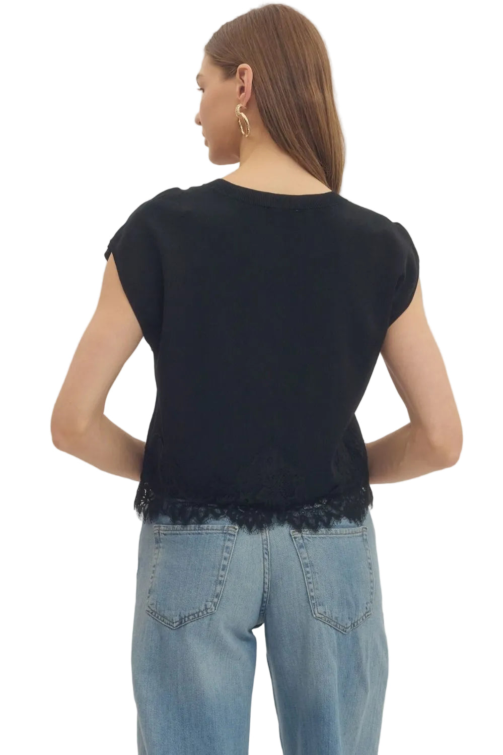 Entro Women's Black Sweater Knit Top with Lace Trim