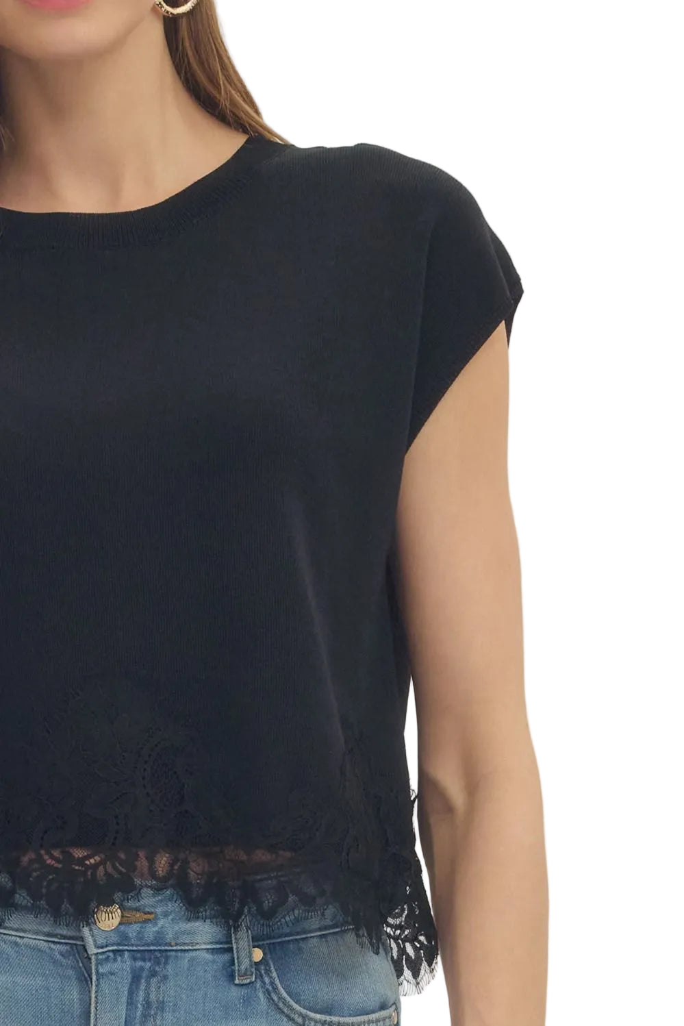Entro Women's Black Sweater Knit Top with Lace Trim