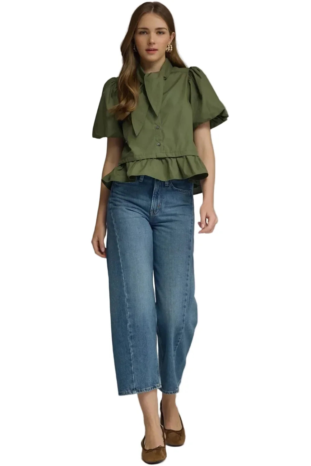 Entro Women's Olive Short Puff Sleeve Blouse