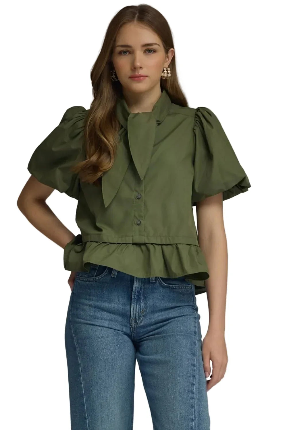 Entro Women's Olive Short Puff Sleeve Blouse