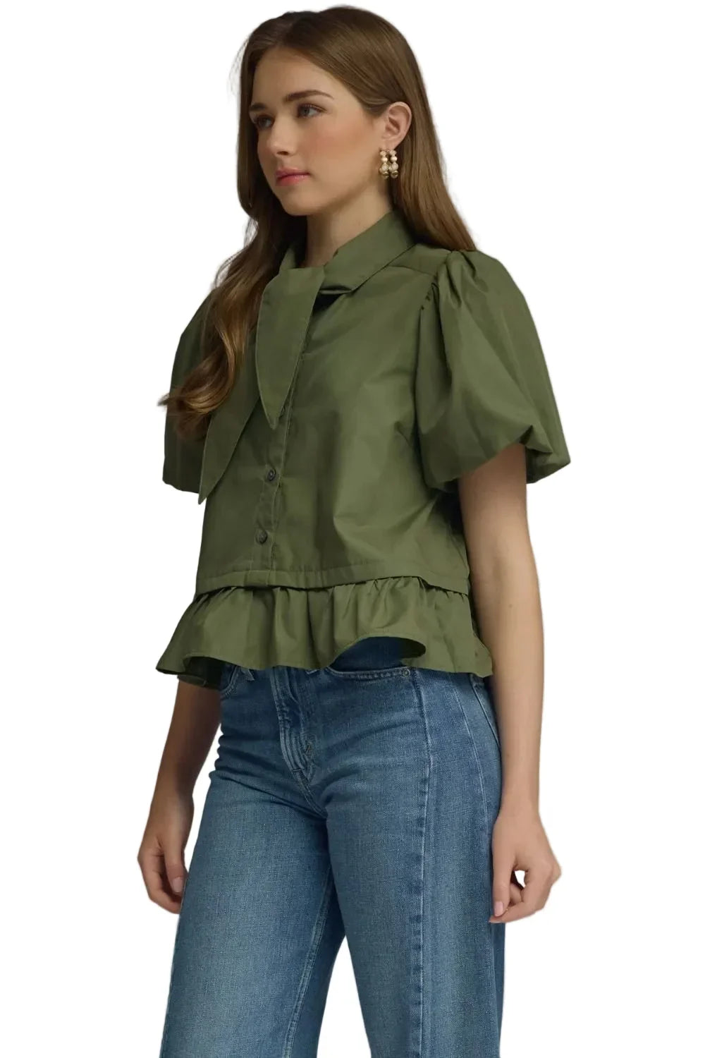 Entro Women's Olive Short Puff Sleeve Blouse