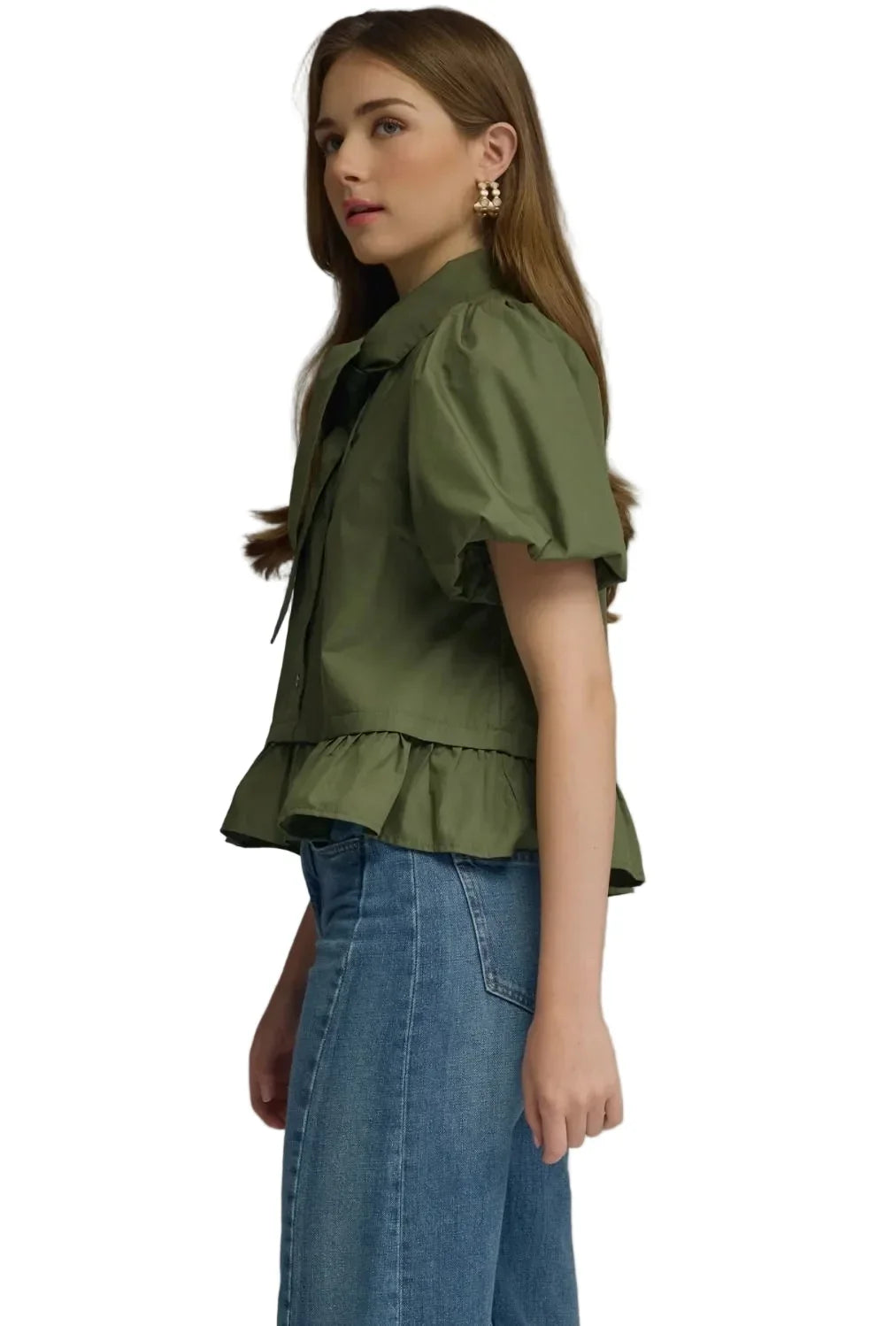 Entro Women's Olive Short Puff Sleeve Blouse