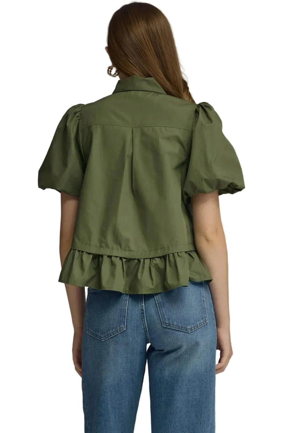 Entro Women's Olive Short Puff Sleeve Blouse