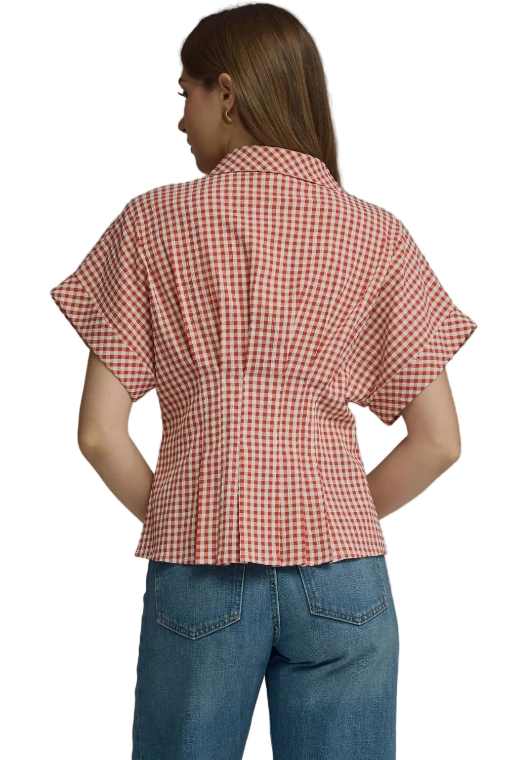 Entro women's Short Sleeve Gingham Red Check Top T32569