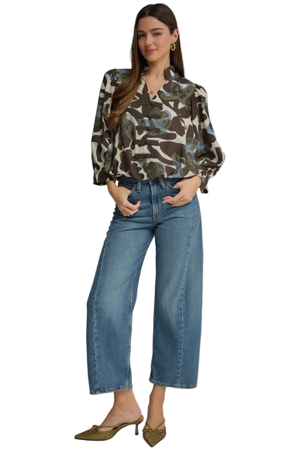 Entro Women's Ecru Floral Print Long Sleeve Blouse