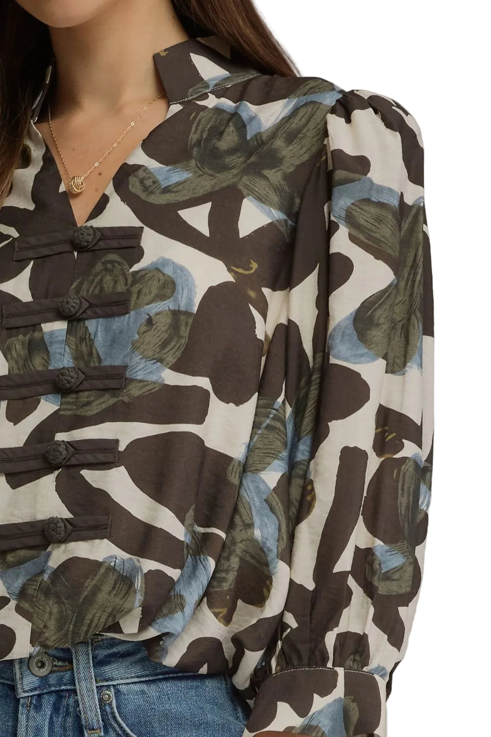 Entro Women's Ecru Floral Print Long Sleeve Blouse