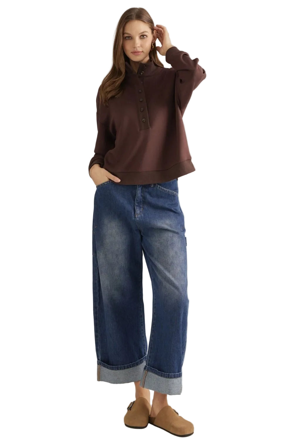 Entro Women's Brown Solid Knit Long Sleeve Sweatshirt