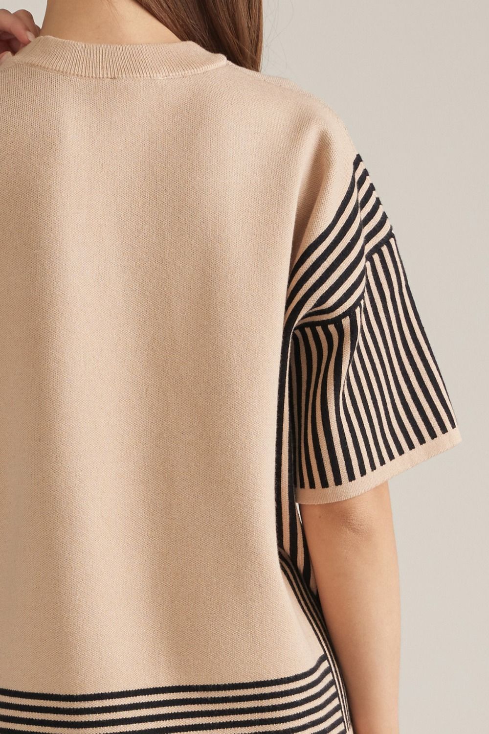Entro Women's Black/Taupe Stripe Short Sleeve Sweater Top