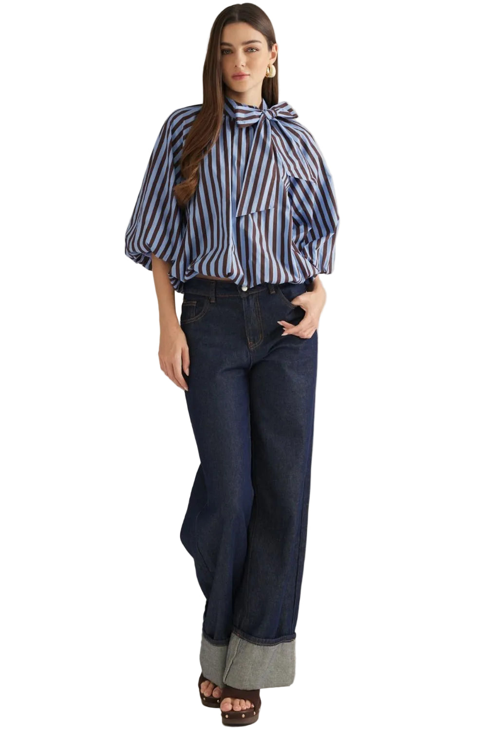 Entro Women's Blue/Brown 3/4 Sleeve Tie Neck Striped Blouse