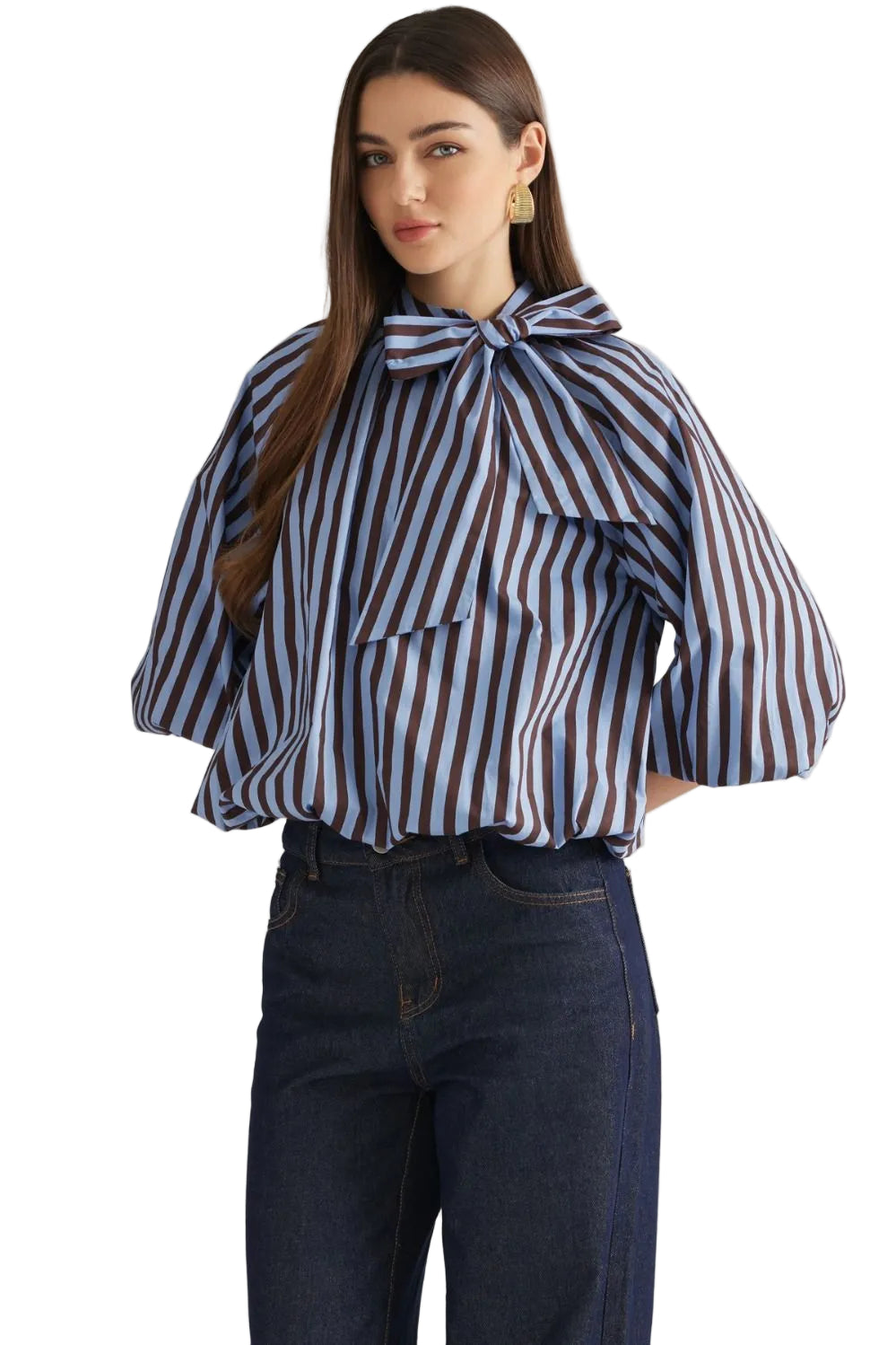 Entro Women's Blue/Brown 3/4 Sleeve Tie Neck Striped Blouse