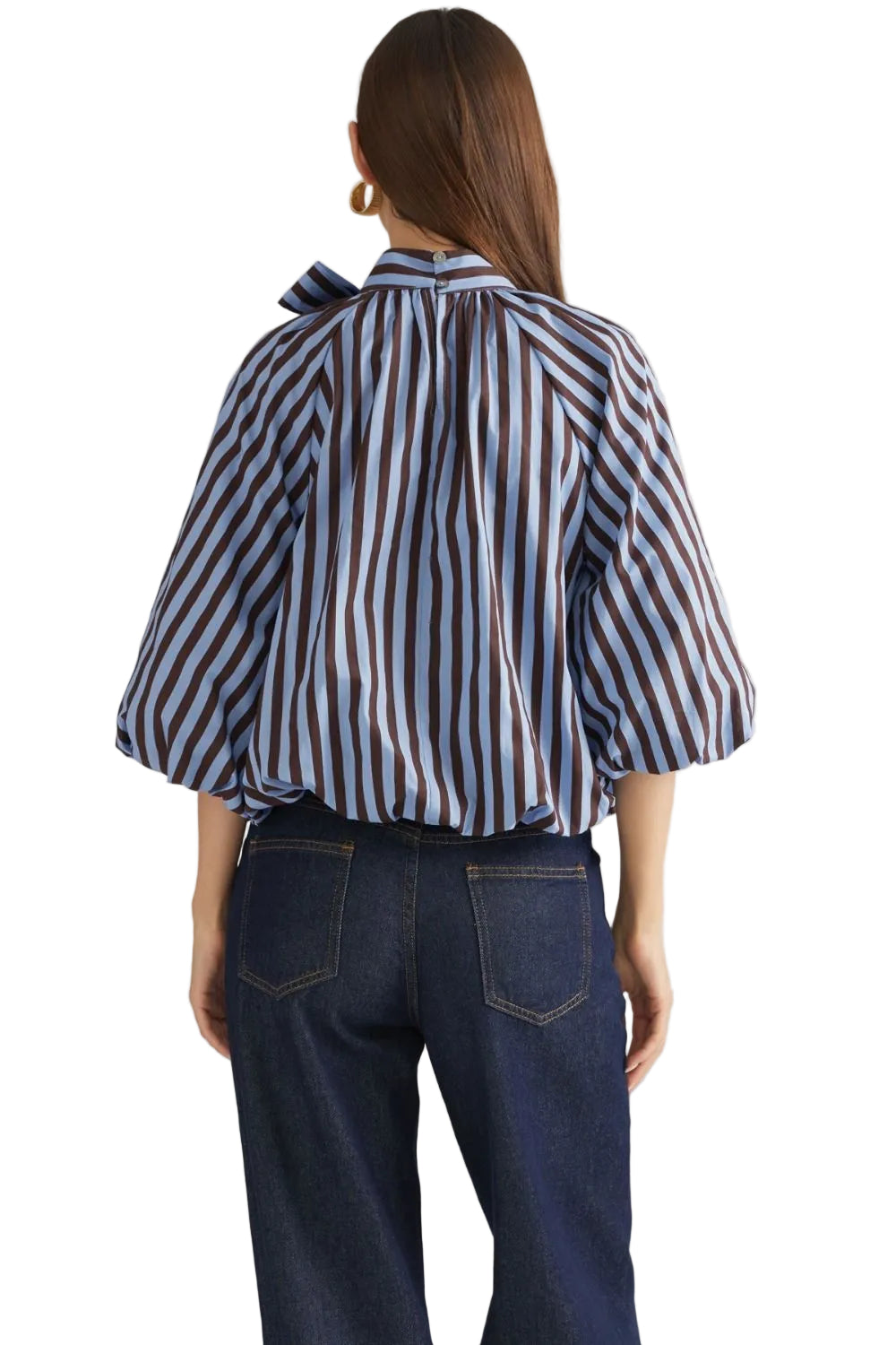 Entro Women's Blue/Brown 3/4 Sleeve Tie Neck Striped Blouse