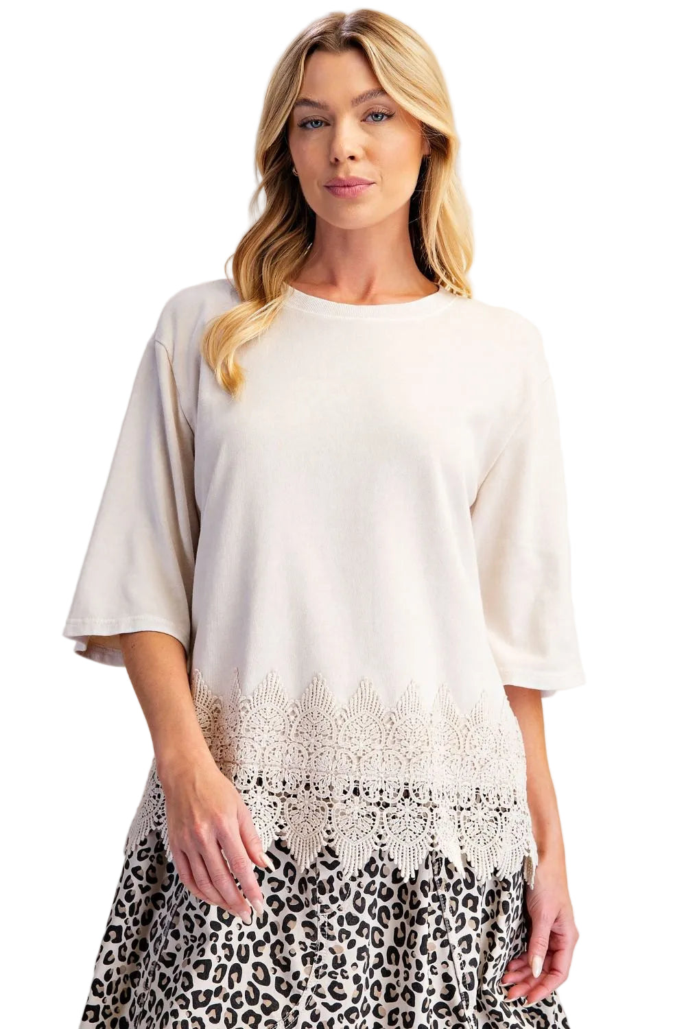 Easel Women's Washed Lace Bottom Boxy Knit Top