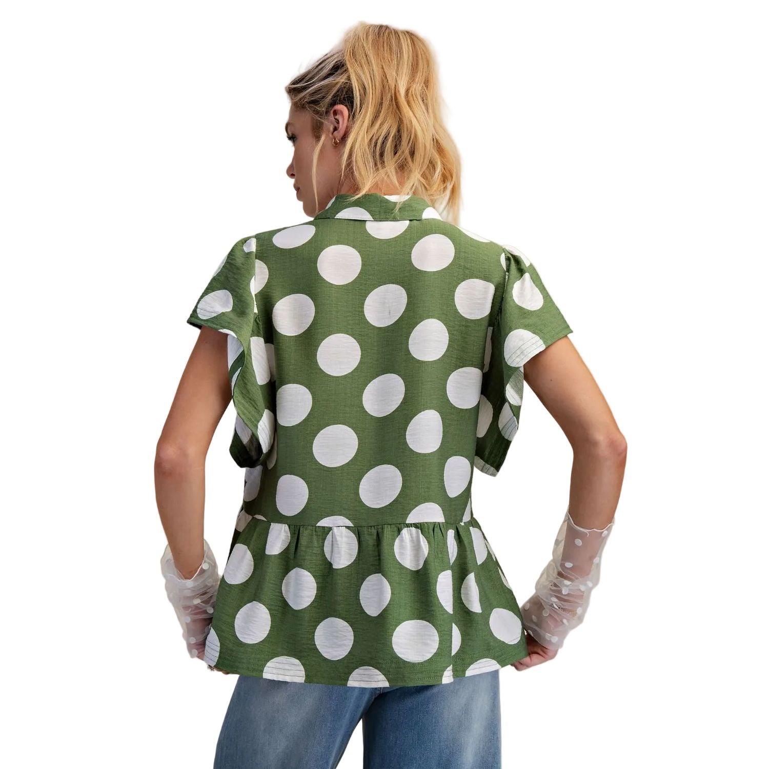 Women's Easel Green and White Polka Dot Button Down Ruffle Blouse ET29424
